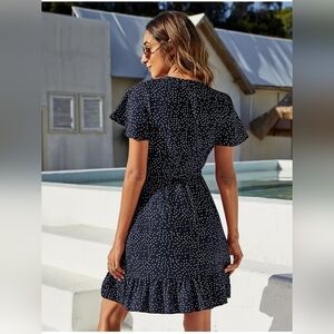 Navy Blue Wrap Dress Ruffle Short Sleeve Large
